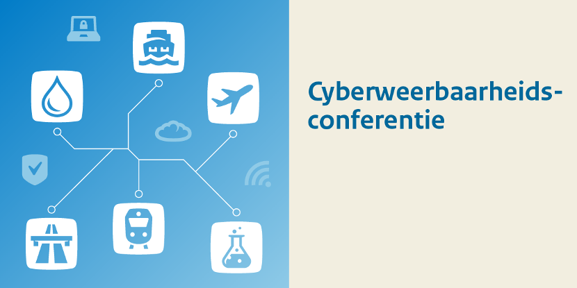 De banner voor de cyberweerbaarheidsconferentie. Het bestaat uit een blauw vak links met de iconen voor de verschillende IenW sectoren en een beige vlak rechts met de titel 'Cyberweerbaarheidsconferentie'.