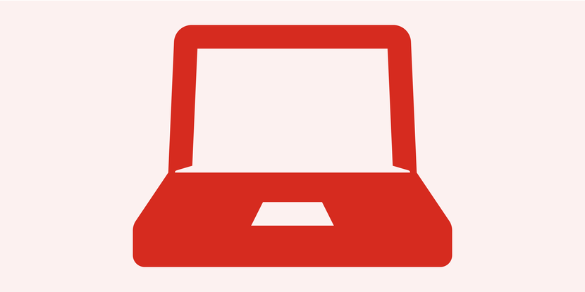 Icoon van rode laptop op roze achtergrond.